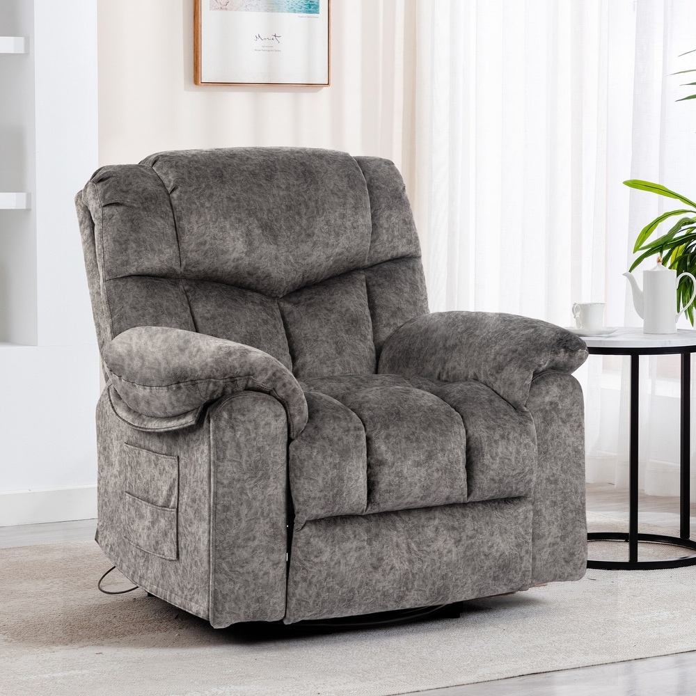 Grey Velvet Swivel and Rocking Recliner Chair with Massage  Heating  USB Charging  and Cup Holders  Enlarged   Widen Seat