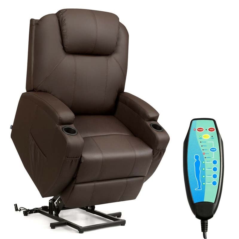 Heated Power Lift Recliner, Elderly Lift Chair, Leather Massage Recliner Sofa with 8 Vibrating Massage Nodes, 3 Side Pockets, 2 Cup Holders