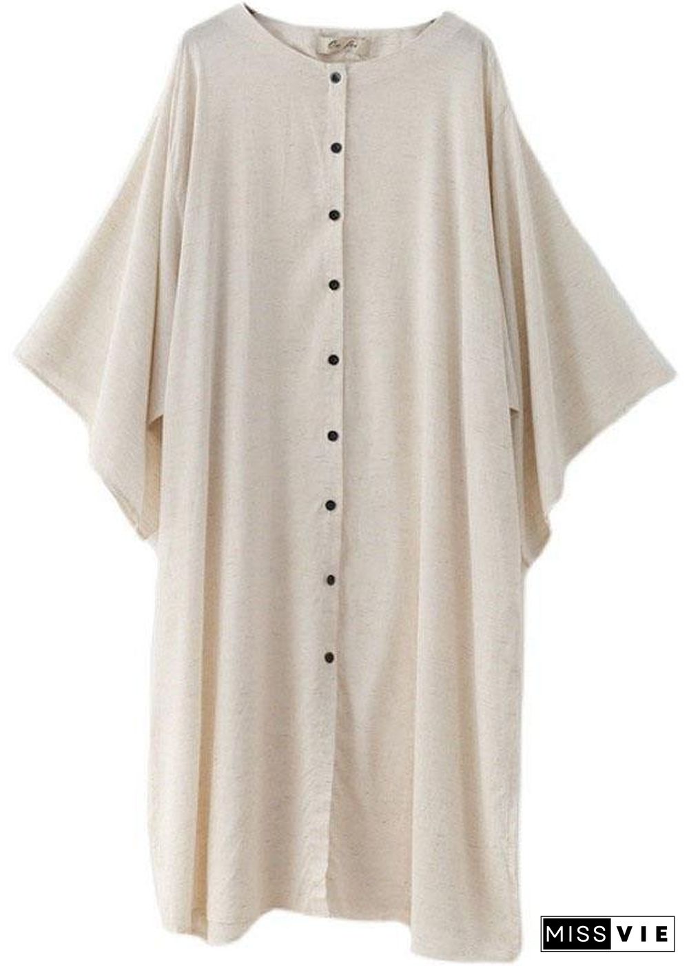 Fashion Beige O-Neck Button Maxi Dresses Fall Cotton Dress