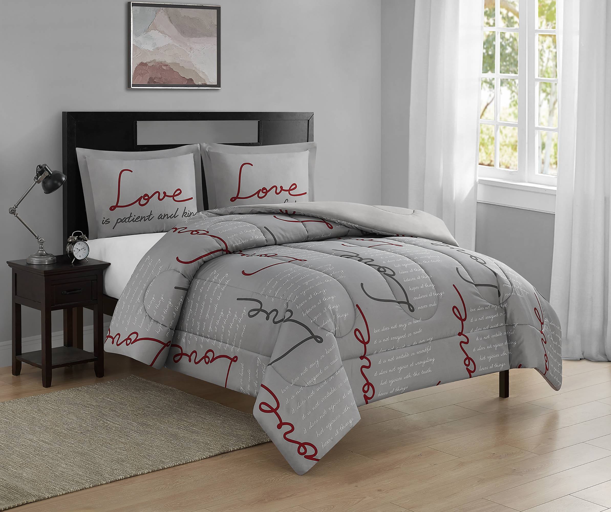 Beco Love Never Fails Grey and Red 3 Piece Comforter Set Full/Queen