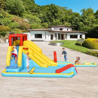 Costway Multi-Color 7-In-1 Inflatable Dual Slide Water Park Climbing Bouncer with 950-Watt Blower OP70653+EP24684