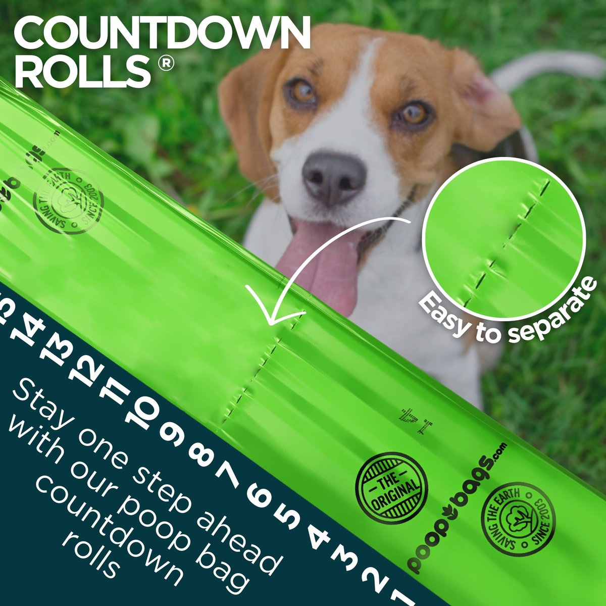 The Original Poop Bags Countdown USDA Certified Biobased Rolls， Green， Large， 120 count