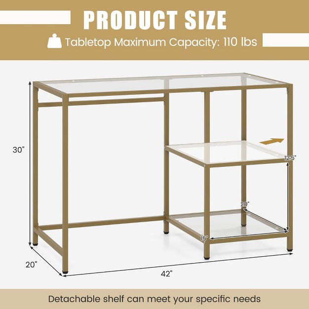 Costway 42 modern Console Table Tempered Glass Entryway Table With 2 Open Shelves amp Metal Frame Gold