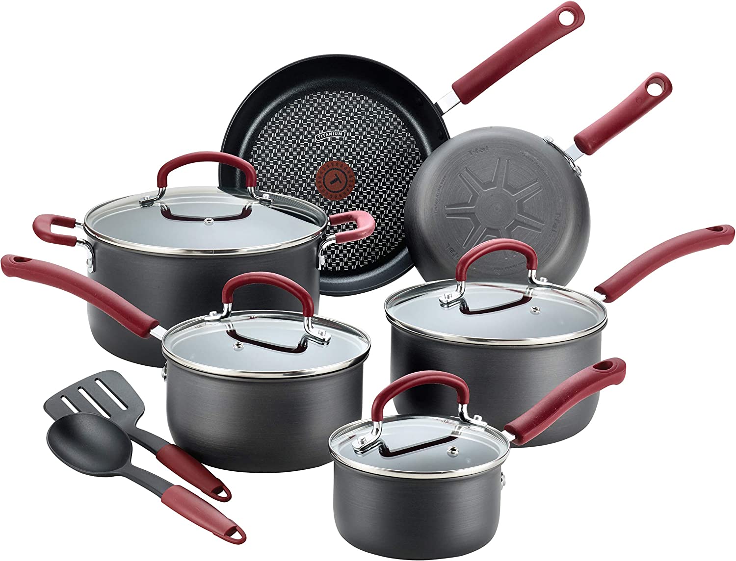 T-fal Ultimate Hard Anodized Dishwasher Safe Nonstick Cookware Set， 12-Piece， Red