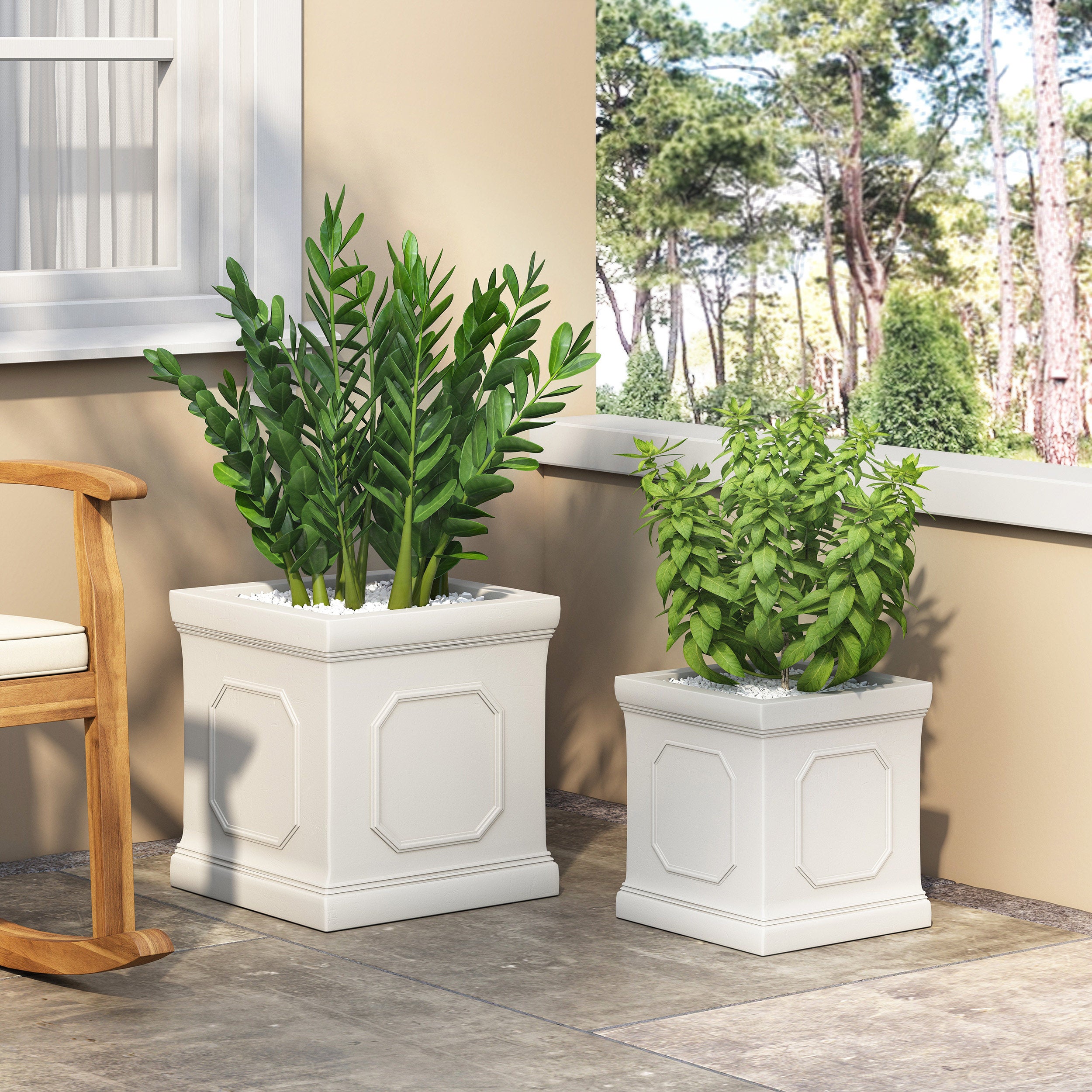 Greg Outdoor Medium and Large Cast Stone Planter Set, Antique White