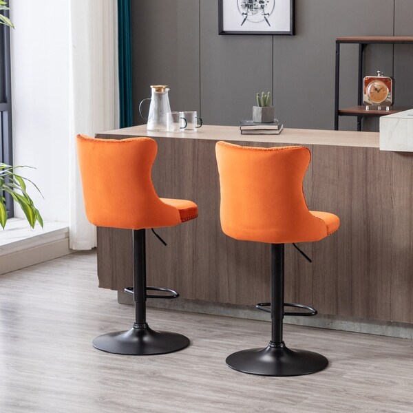 Swivel Velvet Orange Barstools Adjusatble Seat Height (Set of 2)