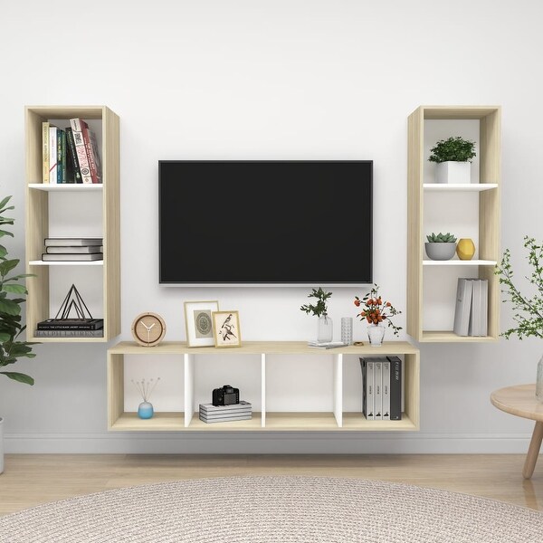 3 Piece TV Cabinet Set White and Sonoma Oak Engineered Wood