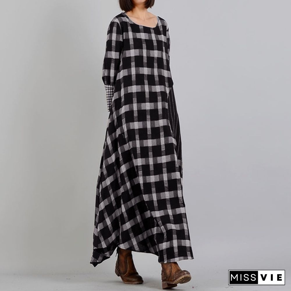 Zanzea Women Casual Loose Baggy Kaftan Maxi Dress Long Sleeve O Neck Check Plaid Dresses