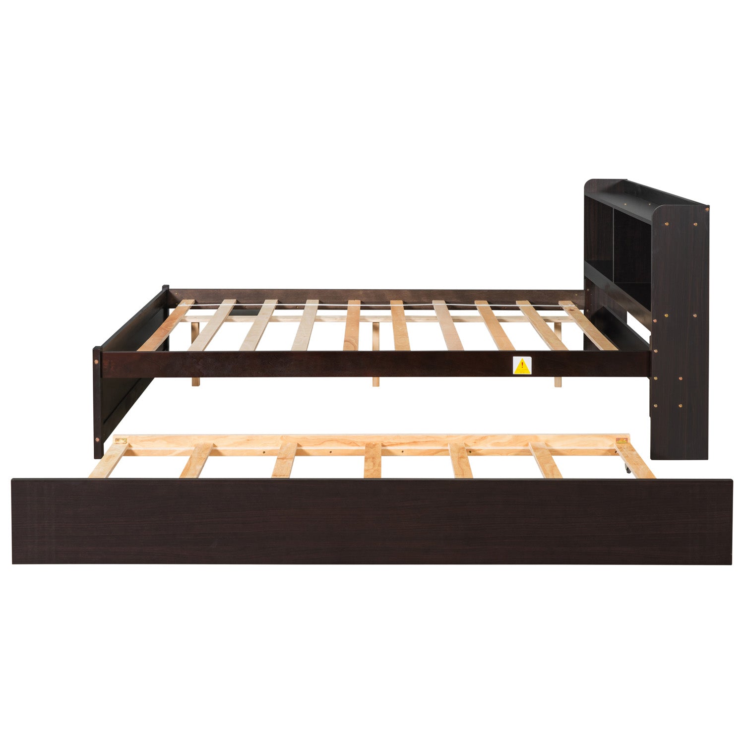 SYNGAR Full Bed Frame with Storage and Trundle for Teens Adults, Espresso Trundle Full Bed Frame with Bookcase Headboard, Solid wood, Easy to Assemble, No Box Spring Needed