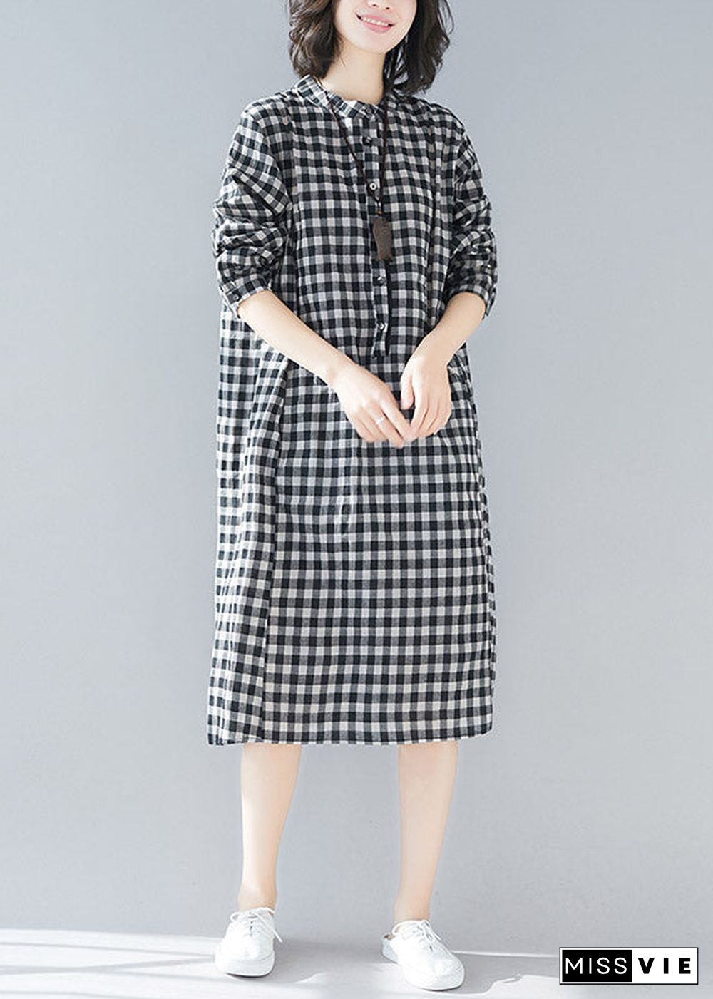 Plus Size Black White Plaid Stand Collar Pockets Side Open Linen Dresses Long Sleeve