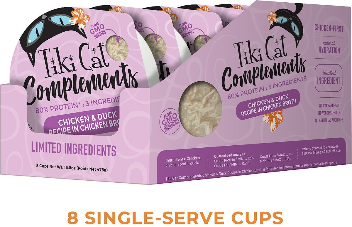 Tiki Cat Complements Chicken and Duck Recipe in Chicken Broth Wet Cat Food Topper， 2.1-oz， case of 8