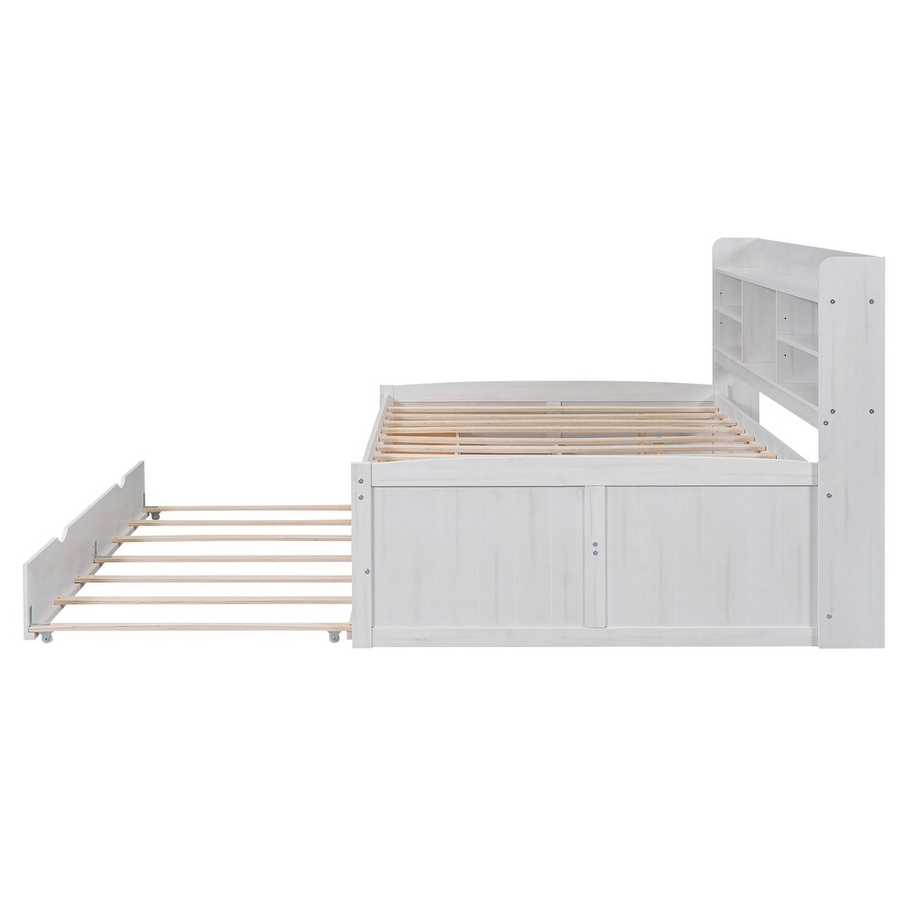 Full Size Wooden Captain Bed with Built in Bookshelves  3 Storage Drawers and Trundle  White