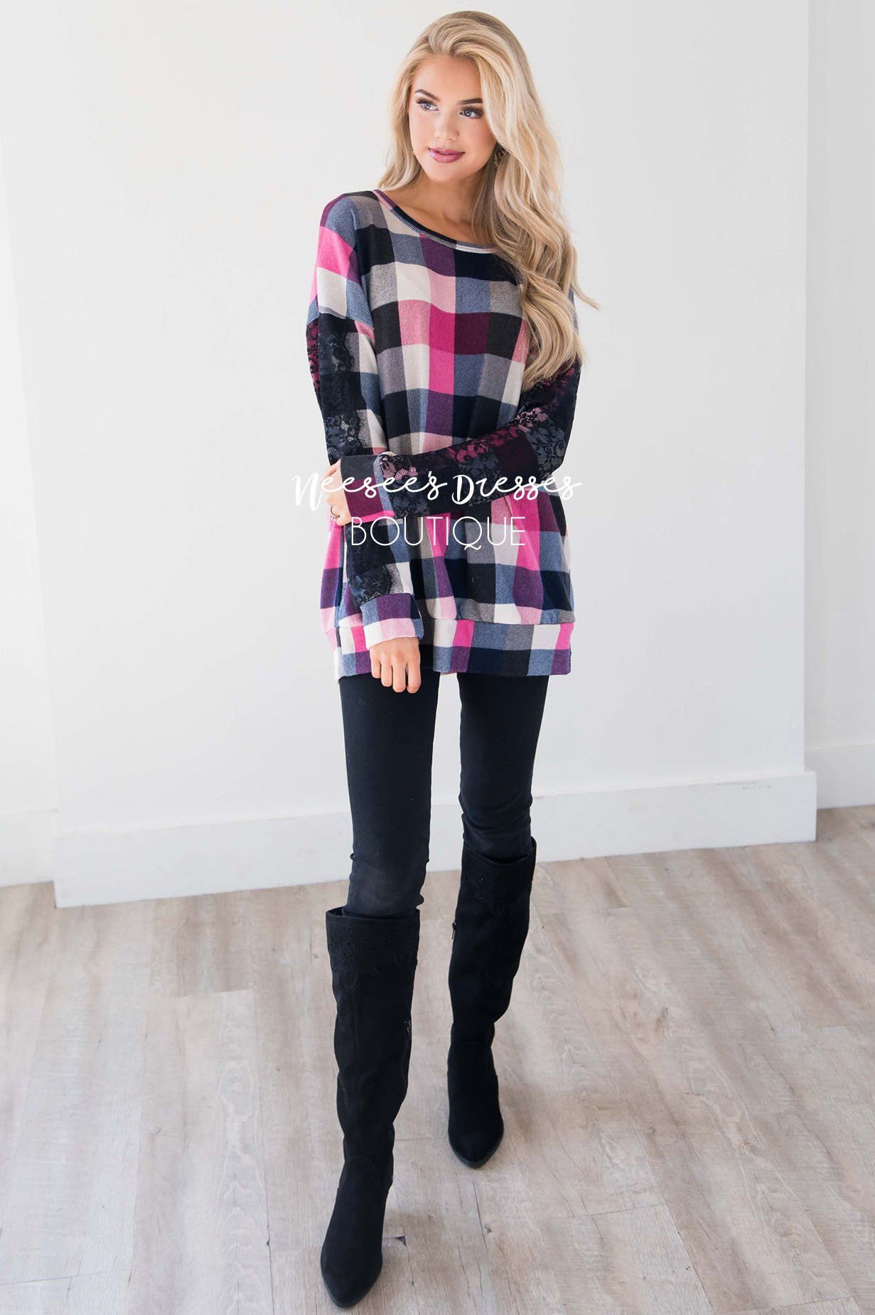 Bright Pink & Black Plaid Lace Sleeve Sweater