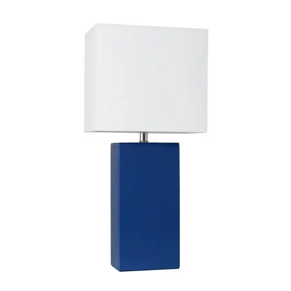 Porch and Den Fairway Blue Leather Table Lamp w White Fabric Shade