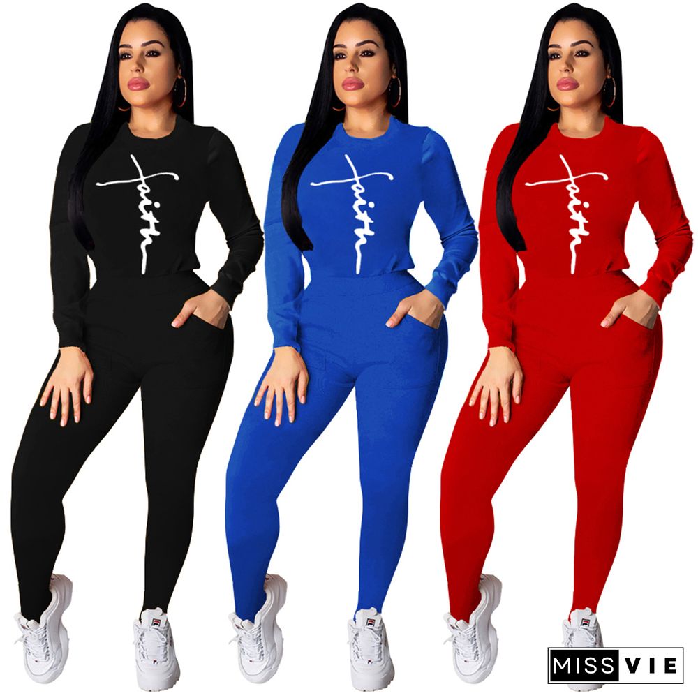 Letter Print Long Sleeve T-shirt and Pants Tracksuit