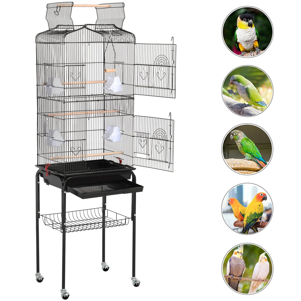 Topeakmart 64''H Open Top Metal Birdcage Rolling Parrot Cage with Detachable Stand， Black