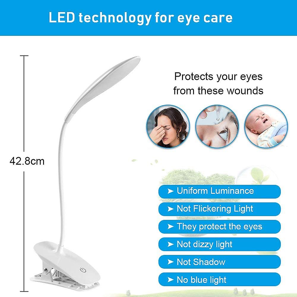 Led Desk Lamp， Usb Rechargeable Clip-on Reading Lamp， 3 Adjustable Color Temperatures And Brightness For Bed， Child， Reading