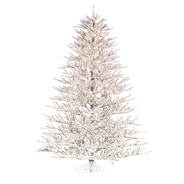 Vickerman 9' x 73 Flocked Pistol Pine Artificial Prelit Christmas Tree，Warm White 3mm Low Voltage LED Wide Angle Lights.