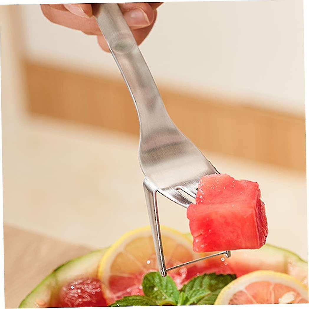 2 In 1 Watermelon Slicer And Cutter， Stainless Steel Fruit Cutting Fork Melon Block Cutting Tool For Kitchen Gadgets (silver) (1pcs)