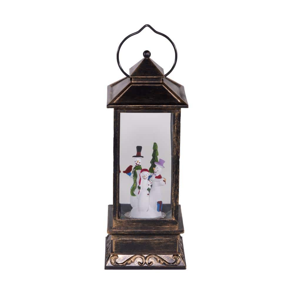 Alpine Corporation 11 in. Tall Lantern Snowman Snow Globe Holiday Decor, Bronze QVA126BZ