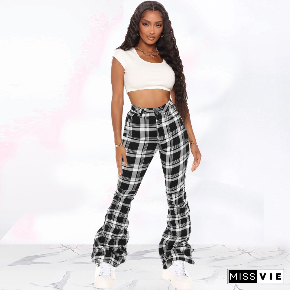 Autumn And Winter Retro Plaid Folded Flared Pants