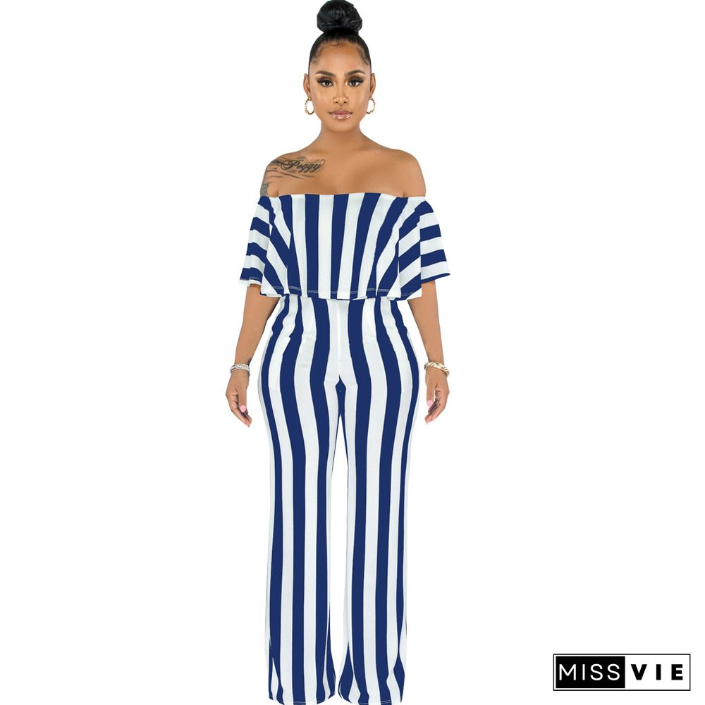 Striped Off Shoulder Wide Leg Jumpsuits