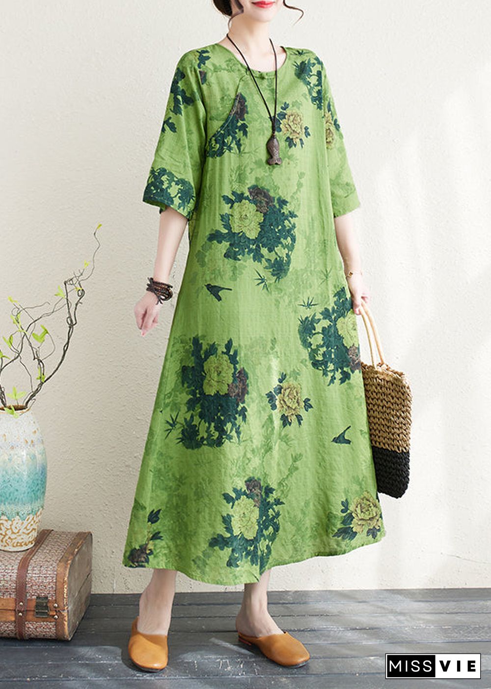 Women Green Print Chinese Button Linen A Line Dress Summer