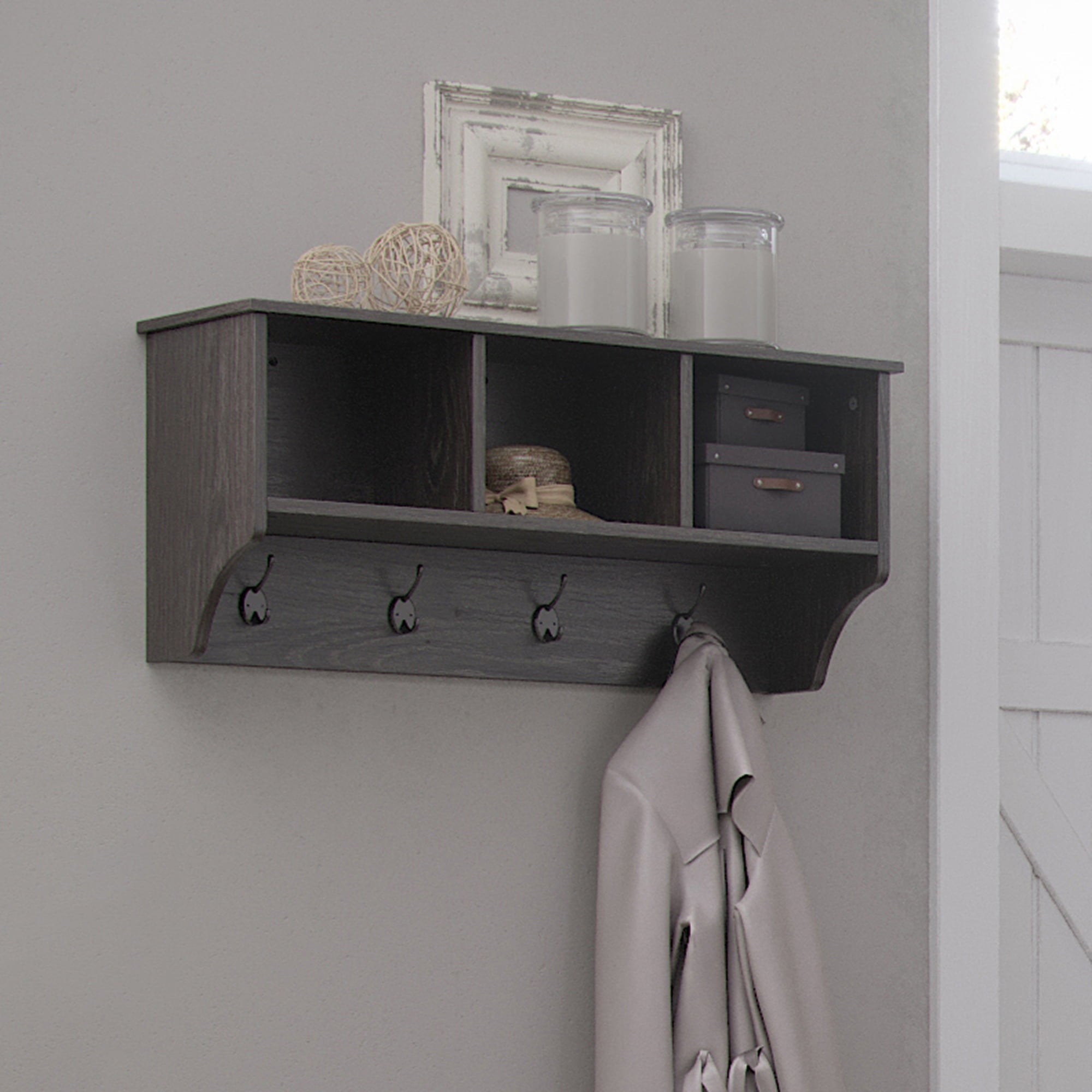 RiverRidge Home Woodbury Collection Wall Shelf with 3 Cubbies and 4 Double Hooks in Dark Weathered Woodgrain