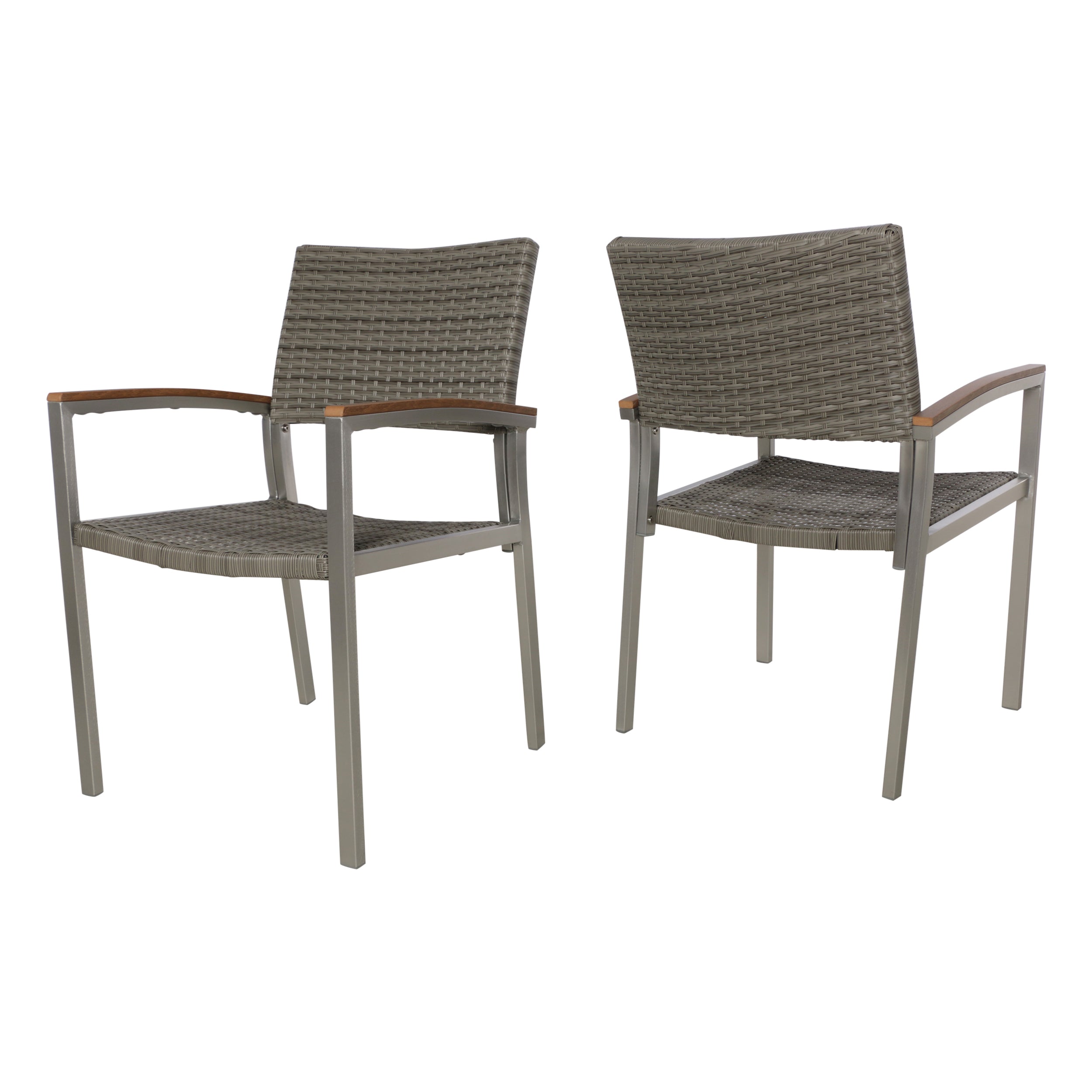 Baise Outdoor Wicker Dining Chair with Aluminum Frame (Set of 2), Gray and Silver