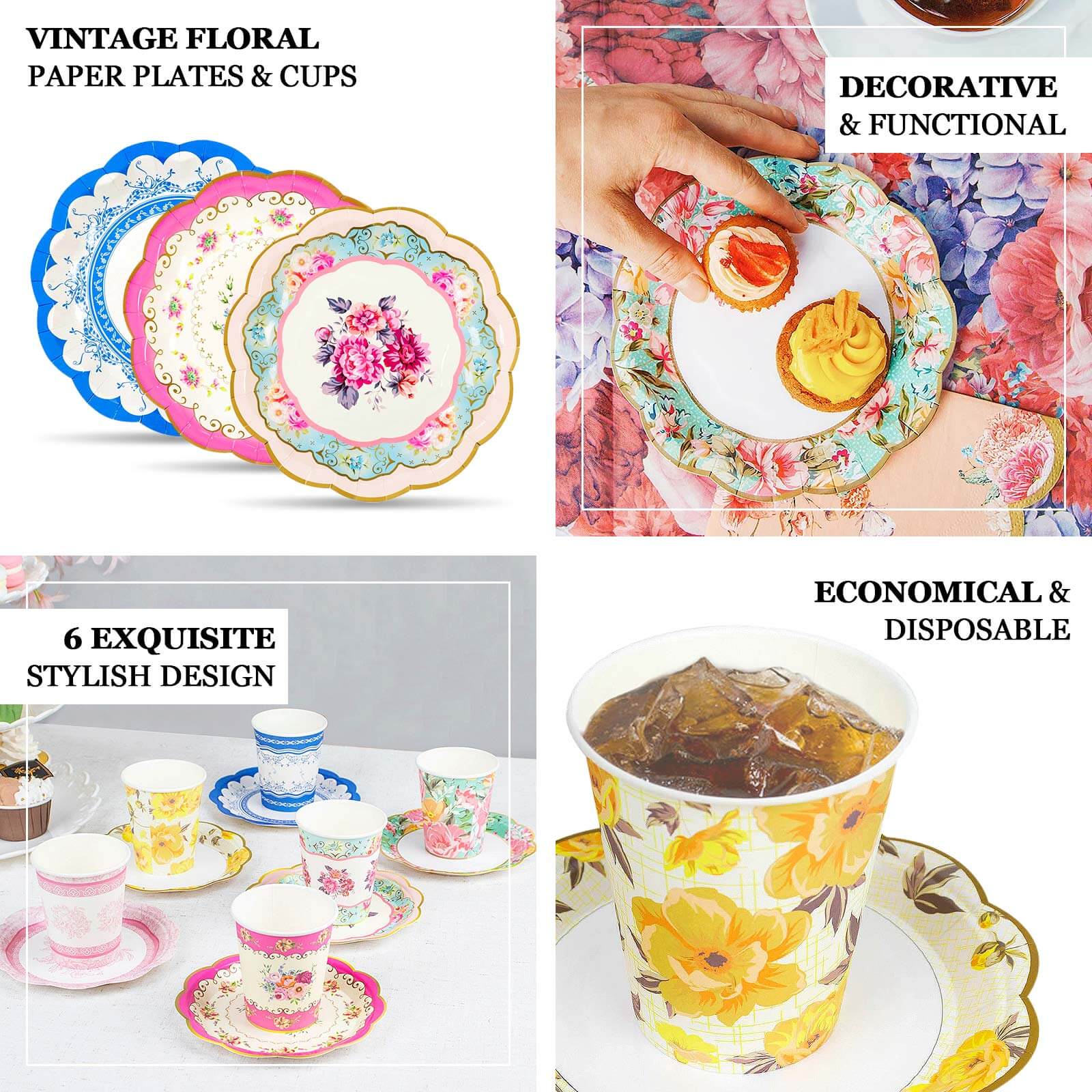 24 Pack Vintage Mixed Floral Paper Cup And Saucer Set, Disposable Tea Party Supplies Kit