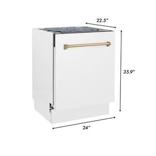 ZLINE Kitchen and Bath Autograph Edition 24 in. Top Control 8-Cycle Tall Tub Dishwasher w 3rd Rack in Matte White  Champagne Bronze DWVZ-WM-24-CB