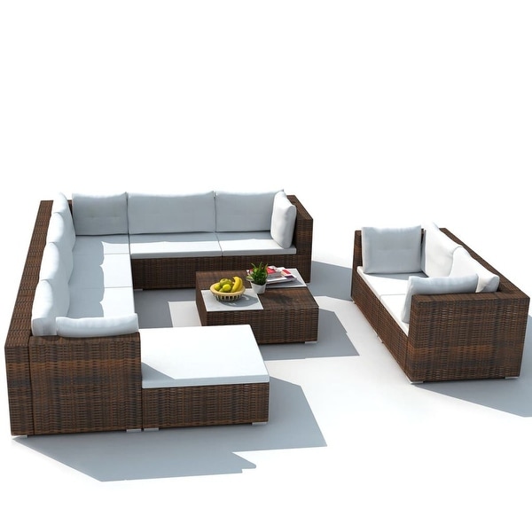 vidaXL 10 Piece Patio Lounge Set with Cushions Poly Rattan Brown