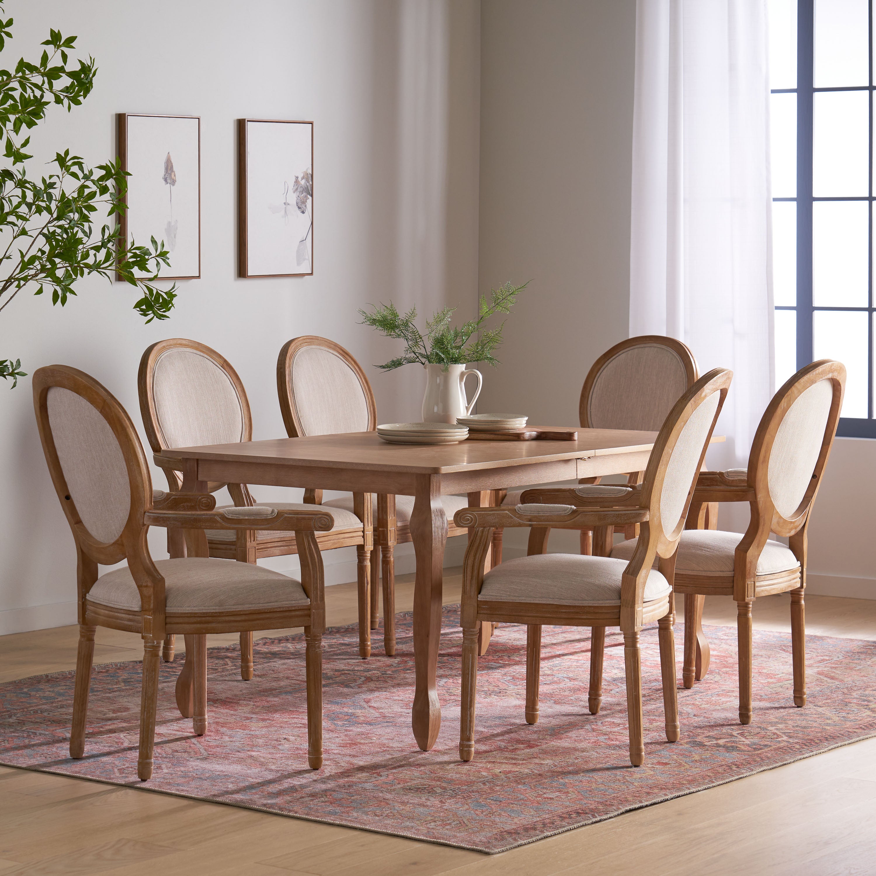 Comisky French Country Fabric Upholstered Wood Expandable 7 Piece Dining Set