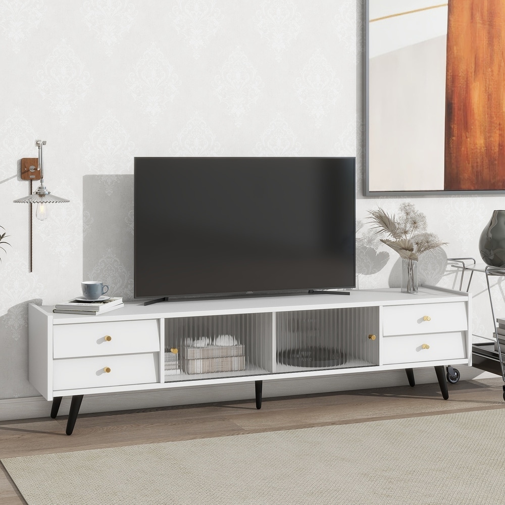 TV Stand with Sliding Fluted Glass Doors  Slanted Drawers Media Console for TVs Up to 70\