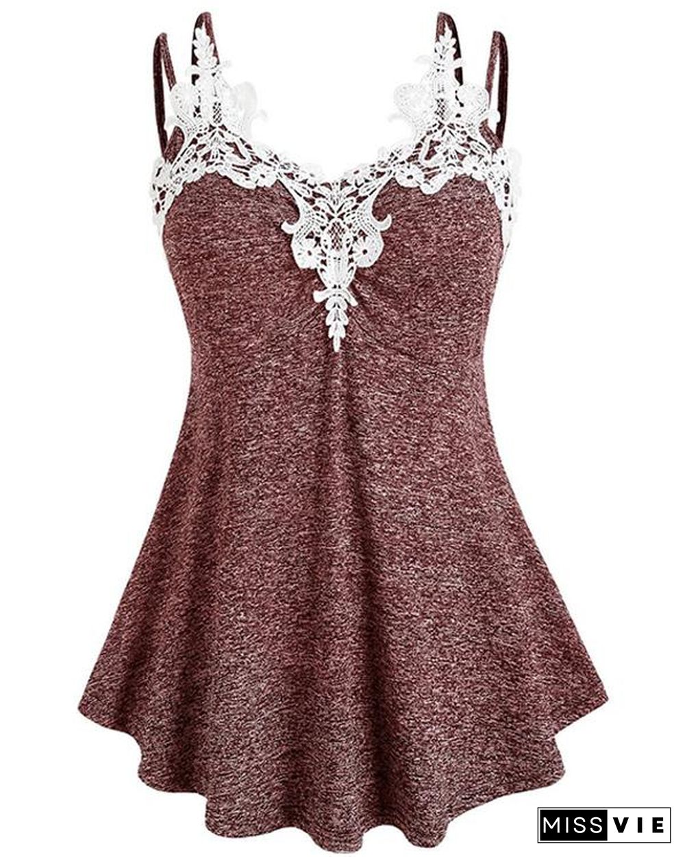 Solid Lace V-Neck Sleeveless Casual Tank Tops