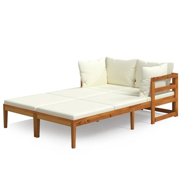 2 pcs Sun Loungers with Cream White Cushions Acacia Wood for Patio