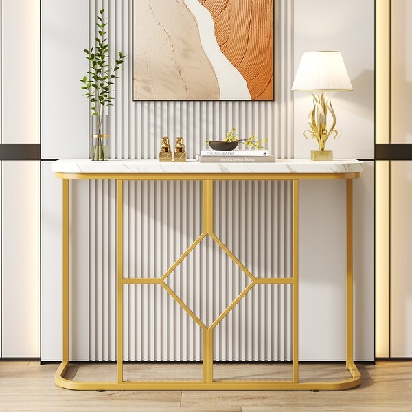 Modern Faux Marble Console Table for Entryway， Sofa Accent Table with Gold Metal Frame