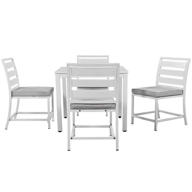 5 Piece Outdoor Dining Table Set for 4  Wood Top Dining Table with Umbrella Hole   4 Cushioned Chairs for Patio  Deck  Porch