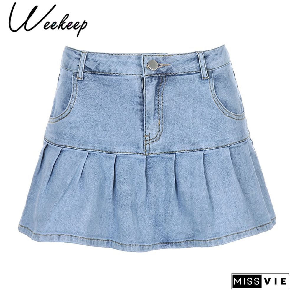 Weekeep Women Denim Skirts High Waisted Fashion Pleated Super Short Skirt Sexy Rave Party Club Streetwear Ruffles Skirt Harajuku