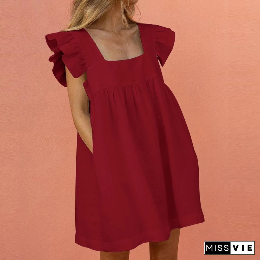 Women Ruffled Mini Dress Summer Cute Square Collar Pocket Dresses Elegant Butterfly Sleeve Beach Party Female Dresses Vestidos