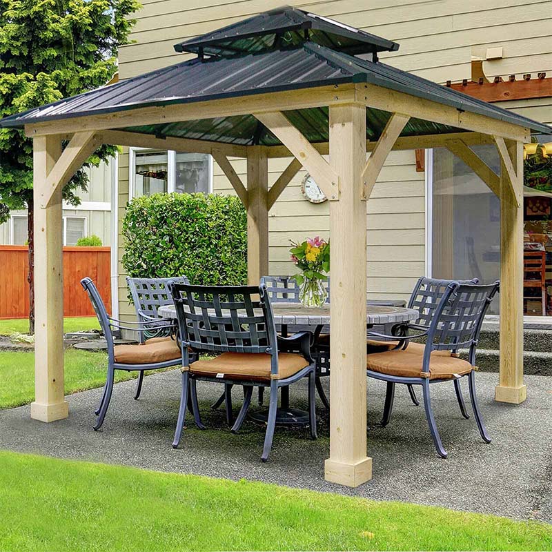 10 x 10 FT Outdoor Patio Hardtop Gazebo with Wood Frame & 2-Tier Metal Roof, All-Weather Gazebo Pergolas Shelter