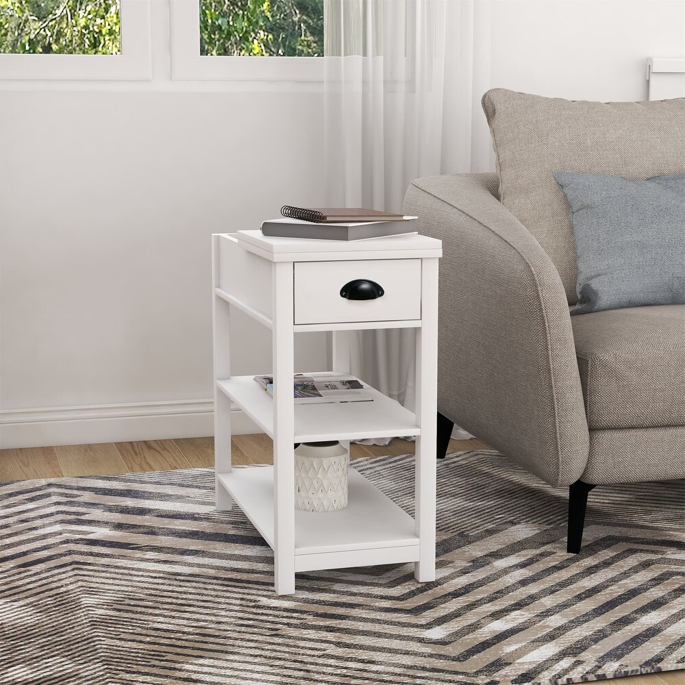 Narrow Flip Top Side Table with Drawer End Table with 2 Tiers Open Storage Shelves Sofa Table for Living Room Bedroom