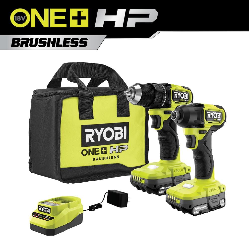 RYOBI ONE+ HP 18V Brushless Cordless Compact 1/2 in. Drill and Impact Driver Kit with (2) 1.5 Ah Batteries, Charger and Bag PSBCK01K