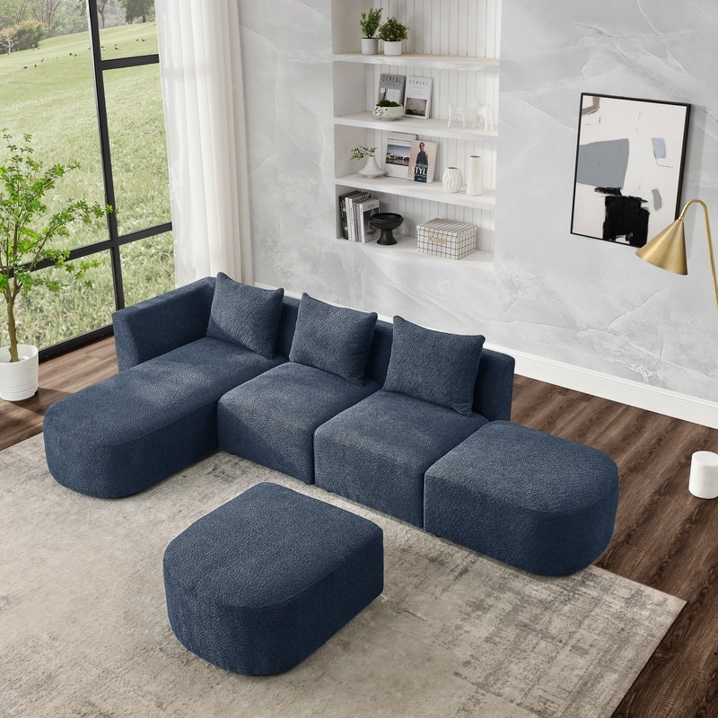 Modular Sectional Sofa  4 Seat Sofa Loop Yarn Fabric L Shaped Couch with Left/Right Chaise and Ottoman for Living Room Bedroom