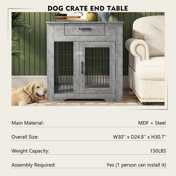 Mieres Double Door Wooden End Table Dog Crate with Double Doors， Indoor Pet Kennel Side Table with Storage Drawer