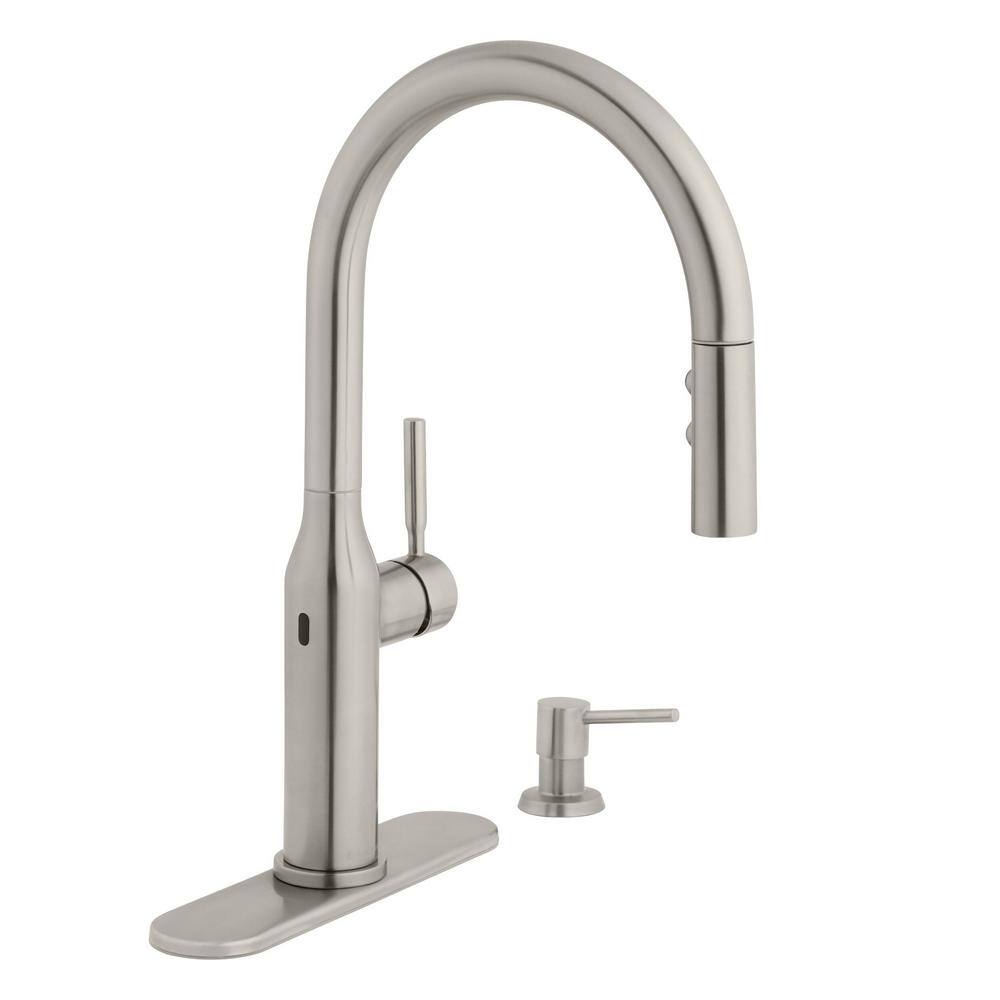 Glacier Bay Upson Single-Handle Touchless Pull-Down Kitchen Faucet with TurboSpray and FastMount and Soap Dispenser in Stainless HD67857-0008D2