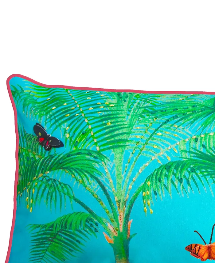 Edie@Home NYBG Indoor， Outdoor Tropical Palm with Ribbon Embroidery Decorative Pillow， 14