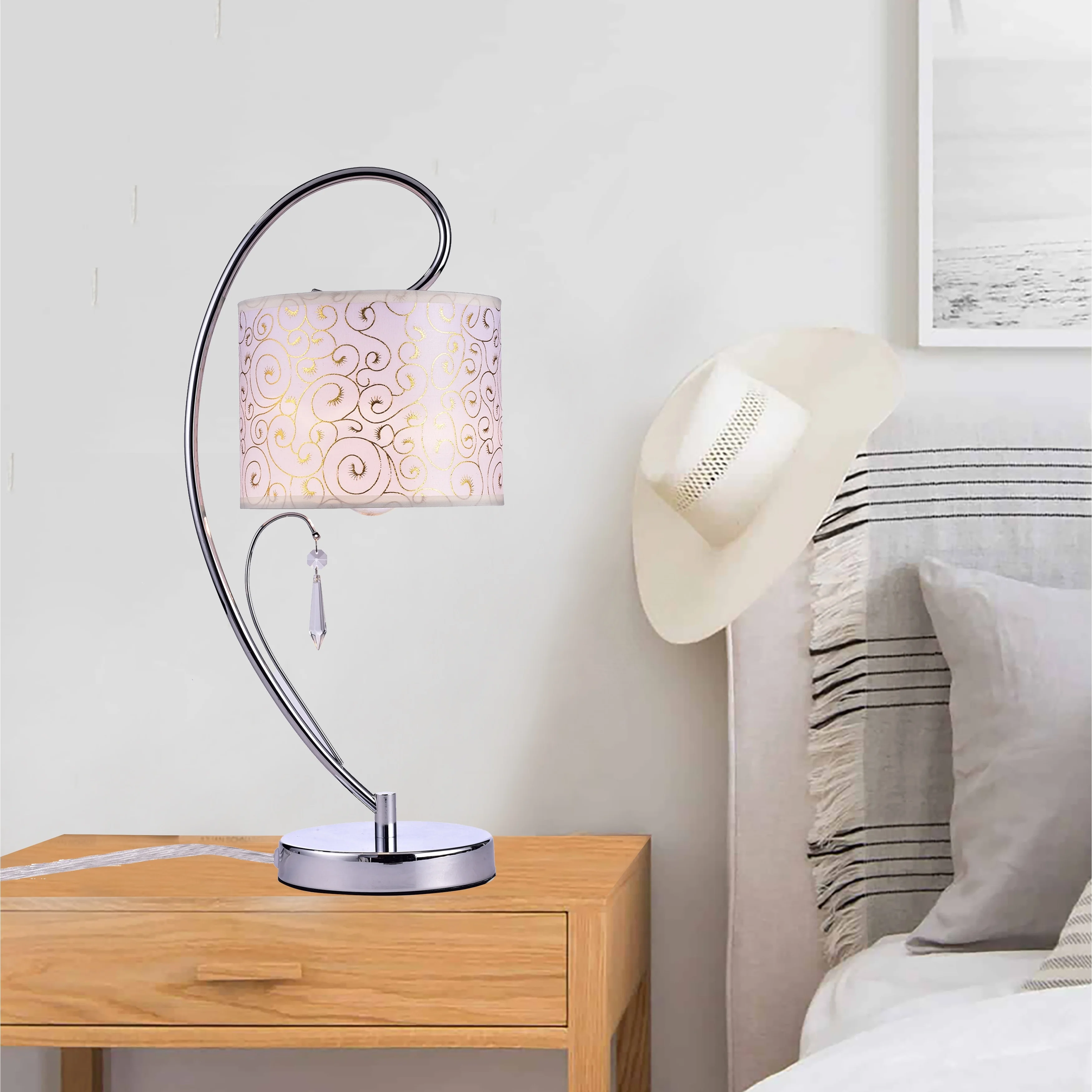 Chrome Bedside Lamp with Fabric Shade Modern Crystal Table Lamp