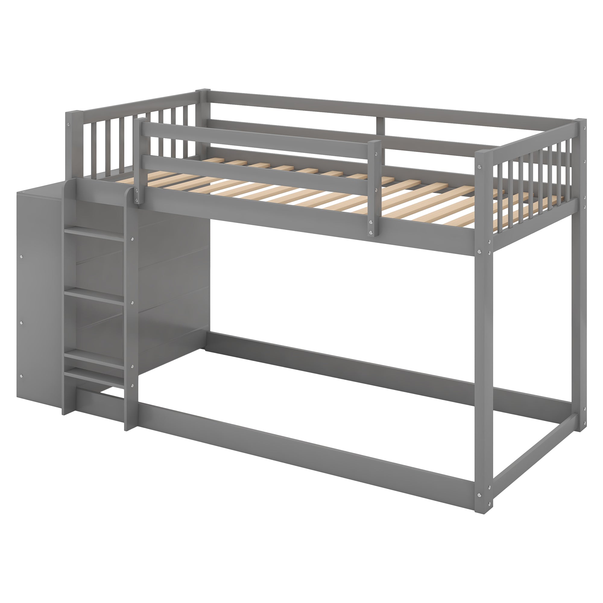 Euroco Twin over Twin Bunk Bed with Attached Cabinet and Storage Shelves for Kids, Gray