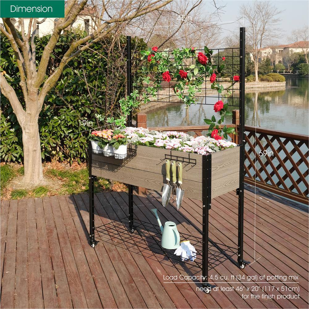 EverBloom 19 in. D x 69 in. H x 45 in. W Mobile Garden in Grey with Trellis and Under Shelf plus Basket and Hook Kit K2213G